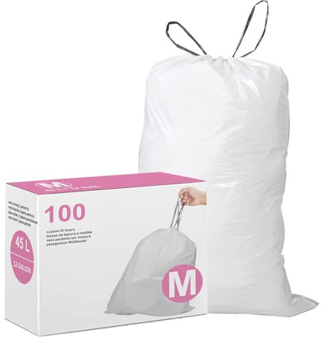 DisplayForever Code M Drawstring Trash Bags Compatible with simplehuman Code M | 12 Gallon 45 Liter | 100 Count | 1.2 Mil | Heavy Duty White Custom Fit Garbage Liners (Pack of 1)
