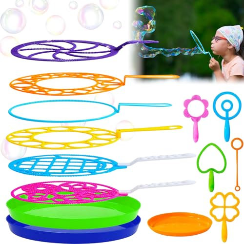 Zkaoai Seifenblasen Set, 14 Stücke Seifenblasen Blase, Bubble Maker Spiele, Seifenblasen Blase Zauberstab Einstellen, Seifenblasen Blasringe, Große Seifenblasenstäbe mit Tablett für Kindergeburtstag