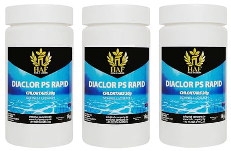 HAF® Schnelllösliche Chlortabletten 20g mit hohem Aktivchlor Gehalt | Chlortabs 20g, 3 kg | S-Tabletten für Desinfektion von Pool, Schwimmbad & Whirlpool - Qualität: Made in Europe - Menge: 3 x 1 kg