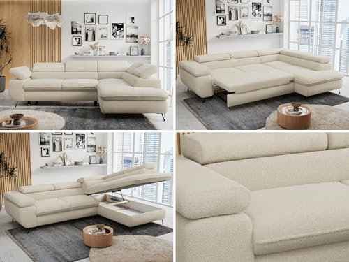 MKS MEBLE Ecksofa Sofa Beige, Wohnlandschaft L-Form mit Schlaffunktion und Bettkasten, Schlafsofa mit Bettkasten, Sofa mit Einstellbare Kopfstützen, Peter L - Beige Boucle - Rechts Beige