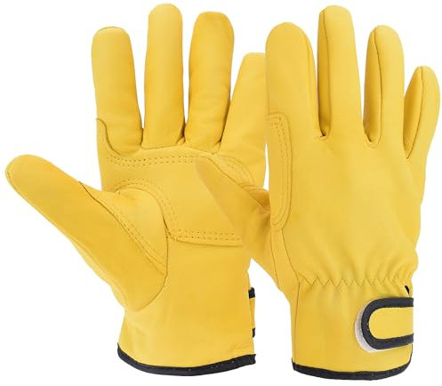 EINSKEY Leather Gardening Gloves, Thorn Proof Cotton Lined Safety Work Gloves, Heavy Duty Rigger Protective Gloves with Hook & Loop for Garden Yard Mechanic Welding