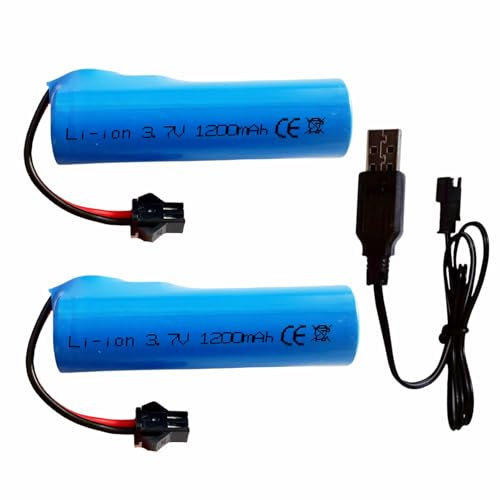 Batterie Lithium-ION 3.7V 1200mAh Prise SM-2P avec câble de Chargement USB pour Voiture Télécommandée, Camions RC, Jouet Batterie pour Pistolet à Bulles de fusée Bazooka (2 pièces)