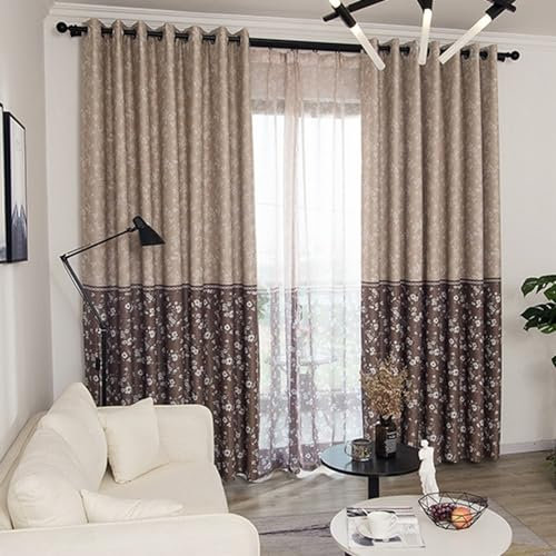 KnSam 2er Set Kaffee Verdunkelungsvorhänge Verdunkelungsvorhang Schlaufen, Vorhänge mit Motiv Blumen, Polyester Ösen Vorhang Blickdicht Fenster, Jeder B 86 x H 160cm