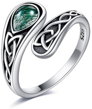 POPLYKE Keltischer Löffel Ring Damen 925 Sterling Silber Moos Achat Knoten Wikingerschmuck Halloween Schmuck 6-9#