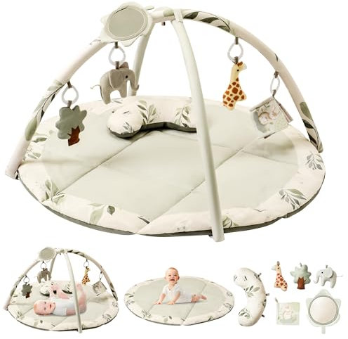 Fortella Tapis d'éveil Bébé, Thème Naturel, Arche amovible, Tapis de Jeux avec 5 Jouets d'activité et un coussin, Cadeau pour nouveau né, enfant, fille et garcon, Dès la Naissance, 0-3-6-12 Mois(Vert)