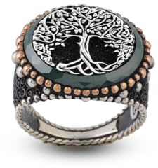 Jewellery Pit - Bague de Jade et de l'Arbre de Vie Chevalière Homme en Argent Sterling 925 – Bague Gravée, Pierre Précieuse, Poli, Style Millésimé, Fait Main, Parfaite comme Bague de Fiançailles (60)