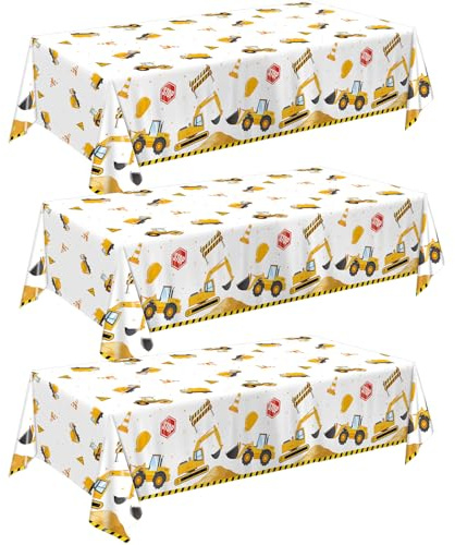 QIYANPAX 3 Pack Construction Plastic Birthday Party Tablecloths, 54 x 108 Inches - Construction Table Covers for Kids' Boys' Construction Birthday Decorations
