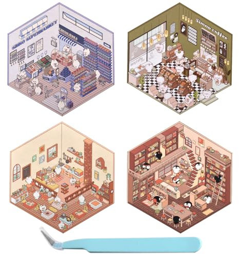 MUNSKT DIY 3D House Stickers, 4 Stück 3D Sticker Scene,Sticker Therapy,Spass DIY Aufkleber Szene(Buchhandlung, Restaurant, Supermarkt, Kaffeegeschäft)