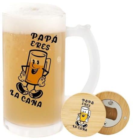 Pack Jarra de cristal personalizada y abridor de madera personalizado. Jarra de cerveza y abridor de madera personalizados. Regalos para padres. Regalos originales para hombres. (Eres la caña)