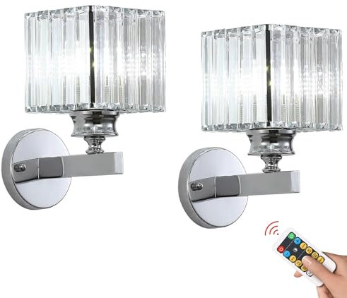 BBioss Small Chrome Wireless Wall Sconce Battery Operated Lights set of 2, Silver Cordless Dimmable Crystal Lamps, Rechargeable Powered for Bathroom Bedroom