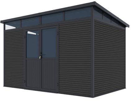 Weide Gartenhaus 338x218x226 cm, wetterfester Geräteschuppen aus Aluminium mit Doppeltür und Acrylglas, WPC-Wände und verzinktes Stahldach, geräumiges Gerätehaus für Garten - Anthrazit