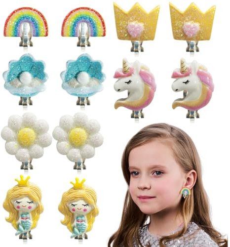 WUSJCOF 6 Paar Clip-On Earrings and Magnetic Ear Clips for Girls and Children,Unicorn-Flower-Princess Earring Set