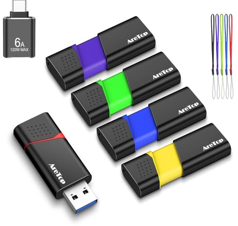 AreTop USB Stick 3.0 64GB 5 Stück, mit 1x USB-C Adapter,5 Farben | USB 3.0 bis 100MB/s, kompatibel mit PC/Laptop/Auto/Spielekonsole