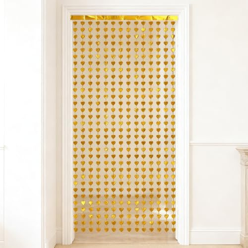 ZenyTra Herzförmiger Lametta Vorhang Gold [3 Stück] – Wiederverwendbarer Glitzer Tinsel Vorhang mit Folienfransen für Hochzeiten, Partys, Weihnachtsdekoration, Festivals – Einfache Montage (Gold)