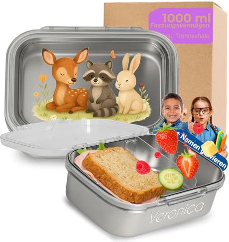 Personalisierte Edelstahl Brotdose 1000 ml - Vesperbox Tiere-Motiv Gravur