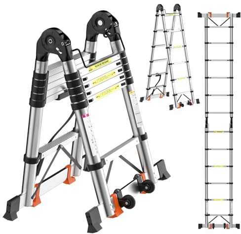 5M/ 16.4Ft Telescopic Ladder 2-in-1, 2.5M+2.5M with Wheels Anti-Tip Balance Bar High-Strength Stainless Steel, Pro Stabilizer A-Frame/Straight Ladder, 150kg Load, for Professional and Home Use EN131