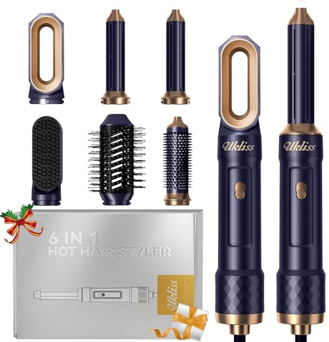 Secador Pelo Profesional & Airstyler 6 en 1 con Rizador Pelo Automatico Hair Straightener Thermal Brush Hair Curler Hair Dryer, Cepillo Alisador Pelo para Volumen, Doblar, Suavizar, Secar - Azul