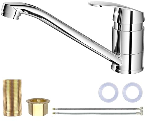 Amdoticknpf Robinet de Cuisine Monocommande, Mitigeur d'Evier, Mitigeur Monocommande Evier, Rotation 140°, Robinet Haute Pression avec Cartouche en Céramique, Installation Facile, Chromé