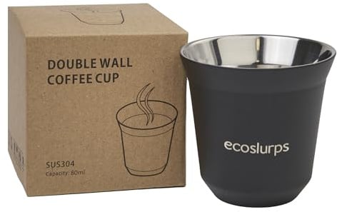 EcoSlurps Espresso Coffee Cups British Designed Coffee Gift no Handle Double wall Insulated Stainless Steel Coffee Cup Made from Recycled Steel. Bean to Cup Coffee Machines Gift (1, Small 80ml)