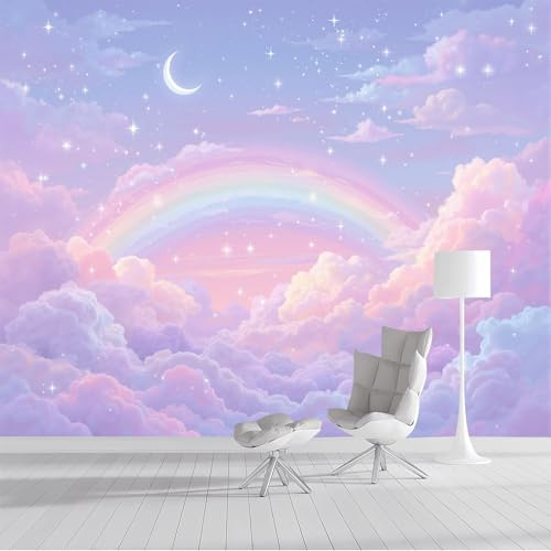 Papel Pintado De Mural Seda Luna De Nubes Arcoíris, Fotomurales Cielo De Ensueño 350x256cm, Decoración De La Pared Murales Para Dormitorio Habitación Para Niños