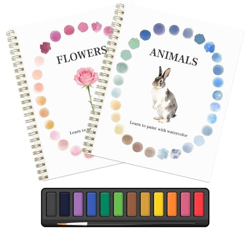Lot de 2 cahiers d'aquarelle pour adultes, livre d'aquarelle pour débutants, ensemble de peintures aquarelle 12 couleurs avec pinceau, kit d'artisanat scènes de nature cadeaux pour hommes et femmes