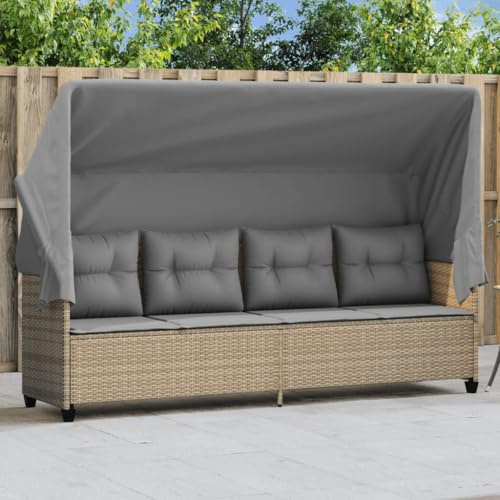 ZQQLVOO Sonnenliege mit Dach und Kissen Beige Poly Rattan, Gartenliege mit ausziehbarem Sonnendach und abnehmbaren Kissen, PE-Rattan Gartenmöbel für Terrasse und Balkon,