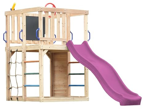 AXI Sam Klettergerüst aus Holz in Braun mit Rutsche in Lila | Spielturm/Spielplatz für Kinder mit Kletterwand, Kletternetz & Hangelstangen | Inklusive Zubehör | Spielgerät für den Garten