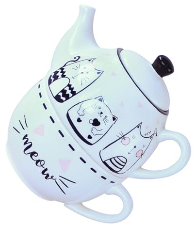 Holibanna Service à Thé en Céramique Blanc Motif Chat Comprenant Kit Élégant 1 Set Théière et Tasse, Décoration Intérieure Maison Bureau