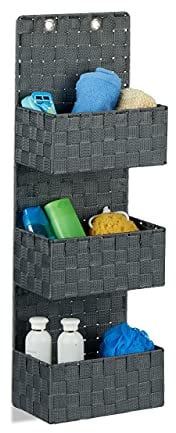 Relaxdays Hängeorganizer Stoff, Türorganizer mit 3 Aufbewahrungskörben, Wandorganizer Bad, PP, HBT: 75x25x15cm, grau