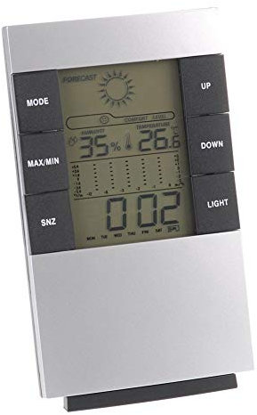 dubens Radio Reloj con despertador y sensor exterior estación meteorológica reloj de pared, (con sensor exterior, termómetro, higrómetro, Reloj, fases lunares, previsión meteorológica) Plata