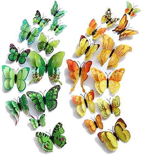 WandSticker4U®- 24er hochwertige 3D SCHMETTERLINGE GELB UND GRÜN mit Doppelflügel & Magnet I Schmetterlinge Deko für die Wand Kühlschrank Fenster Möbel Wohnzimmer Kinderzimmer Küche Butterfly