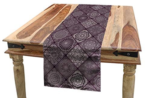 ABAKUHAUS Mandala Tischläufer, Rahmen Vintage-Oriental, Esszimmer Küche Rechteckiger Dekorativer Tischläufer, 40 x 180 cm, Auberginen-Weiß