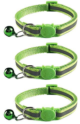 Tafeiya 3x Reflective Design Adjustable Cat Collars More Safety Quick Release Safety Buckle with Bell (Light Green)