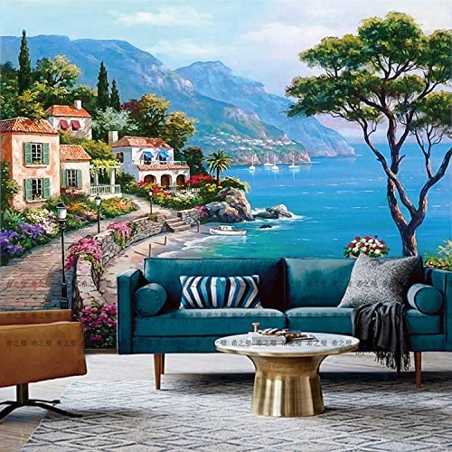 Peinture murale 3D méditerranéenne européenne peinture à l'huile paysage papier peint salon canapé TV fond d'écran 5d tissu muralPapier Peint 3D Faux Cuir Vinyle Mural Chambre Salle-200cm×140cm