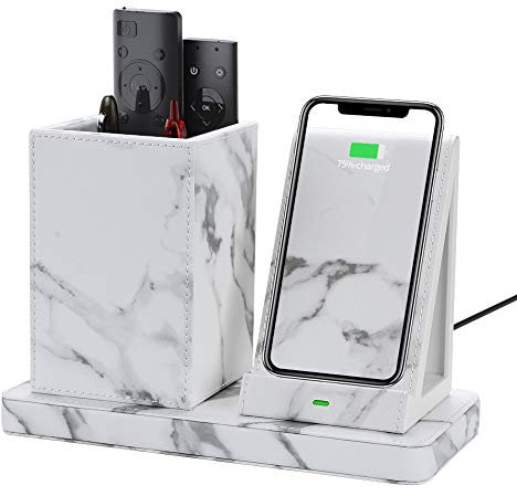 KINGFOM Organisateur de Bureau Pot à Crayons pour iPhone 11/11 pro/11 Pro Max/X/XS/XS Max/XR/8/8, Samsung and Other QI-Enabled Devices (L-Marbre)