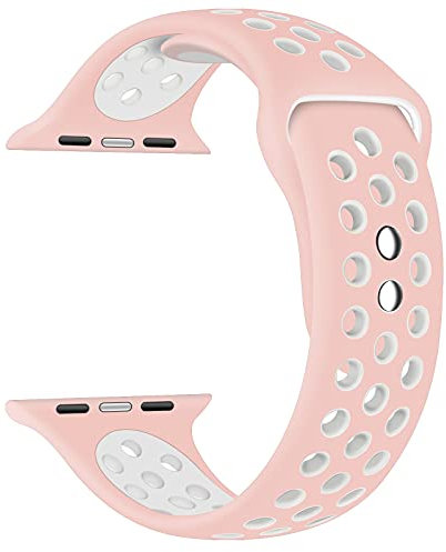 EWENYS Sportarmband aus Doppelten Stifte kompatibel mit Apple Watch Series 9 8 7 45mm Ultra 49mm, Series 6 5 4 SE 44mm, Series 3 2 1 42mm Silikon Nike Sport Uhr Armband(Rosa Weiß)