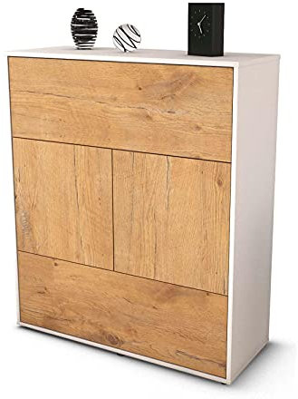 Stil.Zeit Highboard Irene, Korpus Weiss matt, Front Holz-Design Eiche (92x108x35cm), Push-to-Open Technik & Leichtlaufschienen