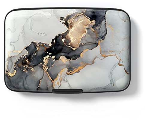 Hsxnam Kreditkartenetui, kleine RFID-Metall-Kreditkarten-Brieftasche, niedliches Visitenkartenetui, für Damen und Herren, Schwarz Gold Marmor, Black Gold Marble, Modern