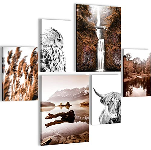 Novart Wandbilder Set Natur Berge See Orange Braun - KEIN EXTRA RAHMEN BENÖTIGT - Modern Deko - Wohnzimmer Schlafzimmer N005563a