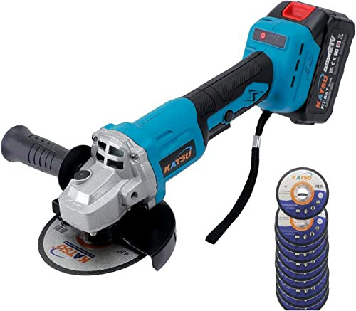 KATSU FIT-BAT 21V Brushless Cordless Angle Grinder with 4.0Ah Bettery and Charger, 115mm 125mm with Brushless Motor, 3 Speeds, 10Pcs 115mm Stainless Steel Grinding Discs Included 102612