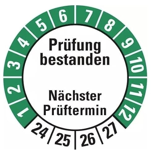 25 Stück – Mehrjahresprüfplakette „Prüfung bestanden Nächster Prüftermin | 24-27“ Etikett Folie Aufkleber, weiß/grün | Ø15-40mm Made in Germany, Größe: Ø20 mm