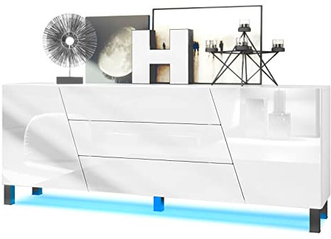 Vladon Sideboard Houston, Made in Germany, Kommode mit 2 Türen und 3 Schubladen, Korpus Weiß matt, Fronten Weiß Hochglanz, inkl. LED-Beleuchtung (178 x 69,5 x 38,5 cm)