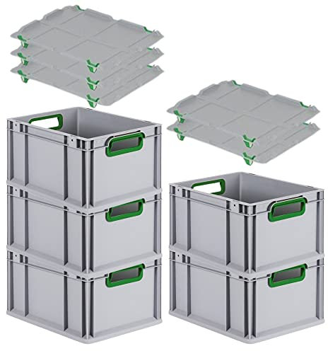 PROREGAL SuperSparSet 5x Eurobox NextGen Color mit Auflagedeckel & Schiebeschnappverschlüsse, HxBxT 22x30x40cm, 20L, Griffe grün offen, Glatter Boden, Eurobehälter Transportbox Transportbehälter