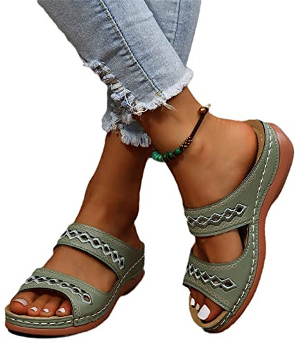 Damen Orthopädische Sandalen Mit Stickerei Vintage Keilabsatz Pantoffeln Fashion Aushöhlen Slippers Peep Toe Hausschuhe 2023 Sommer Plateau Slides Böhmen Strandschuhe ( Color : Green , Size : 42 EU )