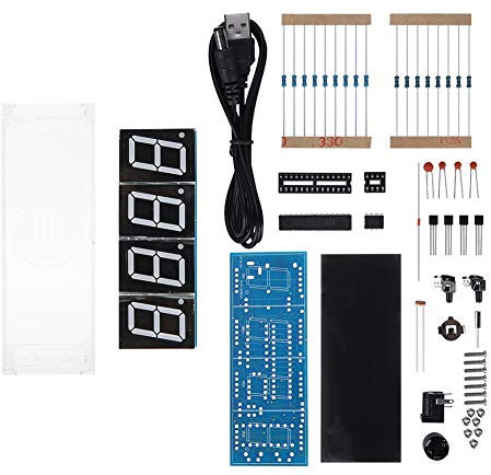 Vikye 4-stellige Uhr Zum Löten, DIY-Kit, LED-Display, Musikwecker-Kits, Automatische Anzeige von Zeit, Temperatur und Datum, Perfekt für Studenten und Heimwerker (Weiss)