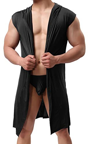 Tuta estiva da uomo, leggera, sottile, con pantaloncini, set sexy, biancheria da notte, in due pezzi, kimono, biancheria da notte con cintura, cappotto da casa, regalo per uomini, Nero , M