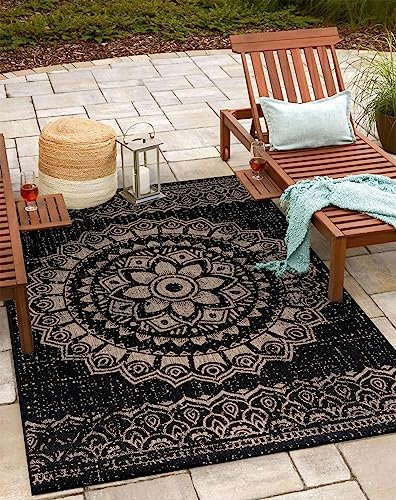 Teppium Outdoor Teppich Wetterfest 300x400 (280 x 370 cm) Schwarz Sisal Optik - Küchenteppich Waschbar, Wasserfest, Vintage Design, Pflegeleicht - Ideal für Balkon, Terassen, Garten, Camping und Küche