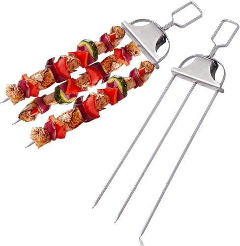 Pinchos de acero inoxidable para barbacoa, pinchos de kebab 3 en 1, pinchos planos de metal para kebab con deslizador para barbacoa, fiesta, parrilla, carne y verduras, con bolsa de almacenamiento