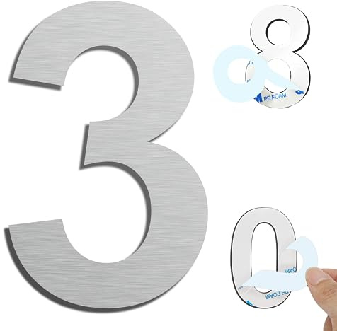 Ywonoby House Numbers, 6 Inch Door Numbers Large Self adhesive Stainless Steel Metal House Numbers Sticker for House Mailbox Address Street Apartment Hotel Courtyard - Silver(3)