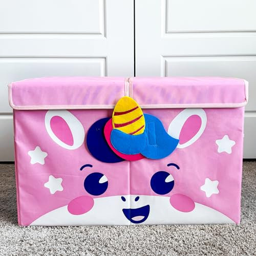 QUOKKA Spielzeug Aufbewahrungsbox für Jungen und Mädchen – 63x41x33 cm Groß Spielzeugkisten für Kinder mit Einhorn -Zusammenklappbar – Griffe – Klappdeckel –Stoffbehälter für Spielzimmer